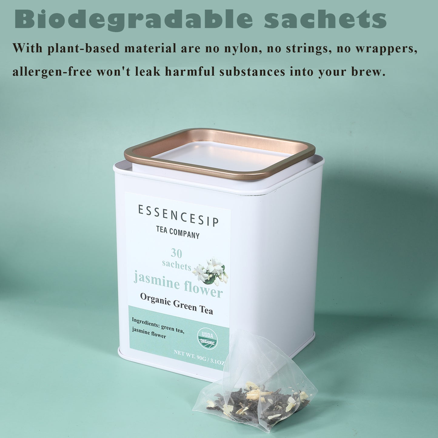 ESSENCESIP Organic Jasmine Green Tea Bags | Jasmine Flower Aroma | 30 Sachets